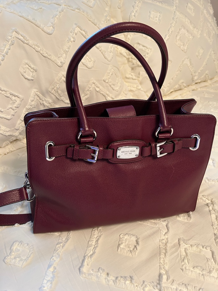 Michael Kors Maroon Leather Satchel With Silver Hardware & Shoulder Strap